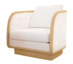 A Coastal Swivel Chair with a beige wooden frame and base, featuring down & feather cushions for an extra layer of comfort.