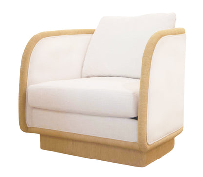 A Coastal Swivel Chair with a beige wooden frame and base, featuring down & feather cushions for an extra layer of comfort.