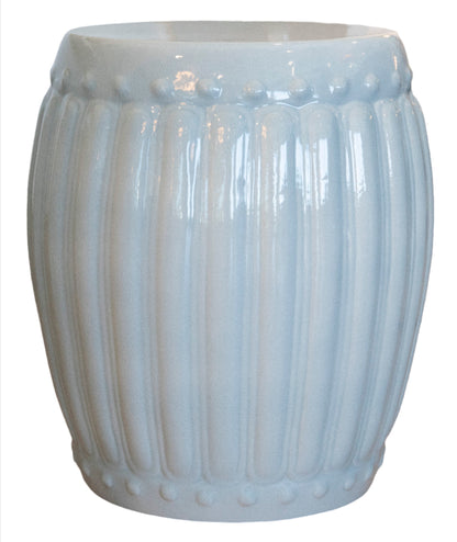 A Porcelain Ribbed Garden Stool with a slightly flared top and bottom, featuring a glossy light blue glaze and decorative dot detailing along the top and bottom edges.