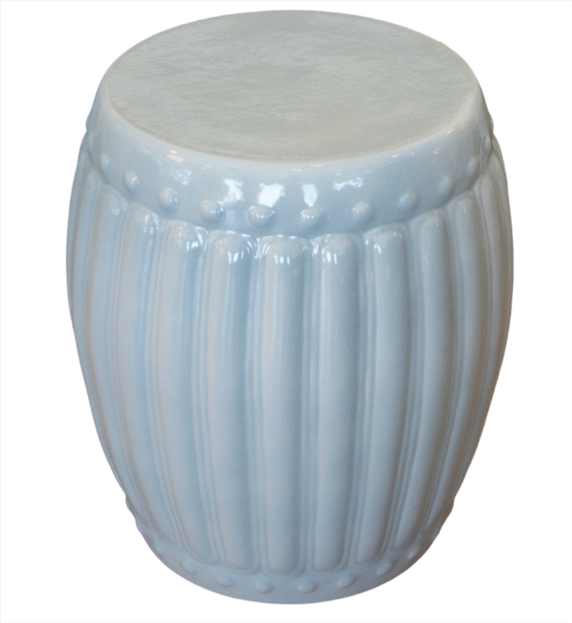 A Porcelain Ribbed Garden Stool with a ribbed, barrel-shaped design and a glossy light blue glaze.