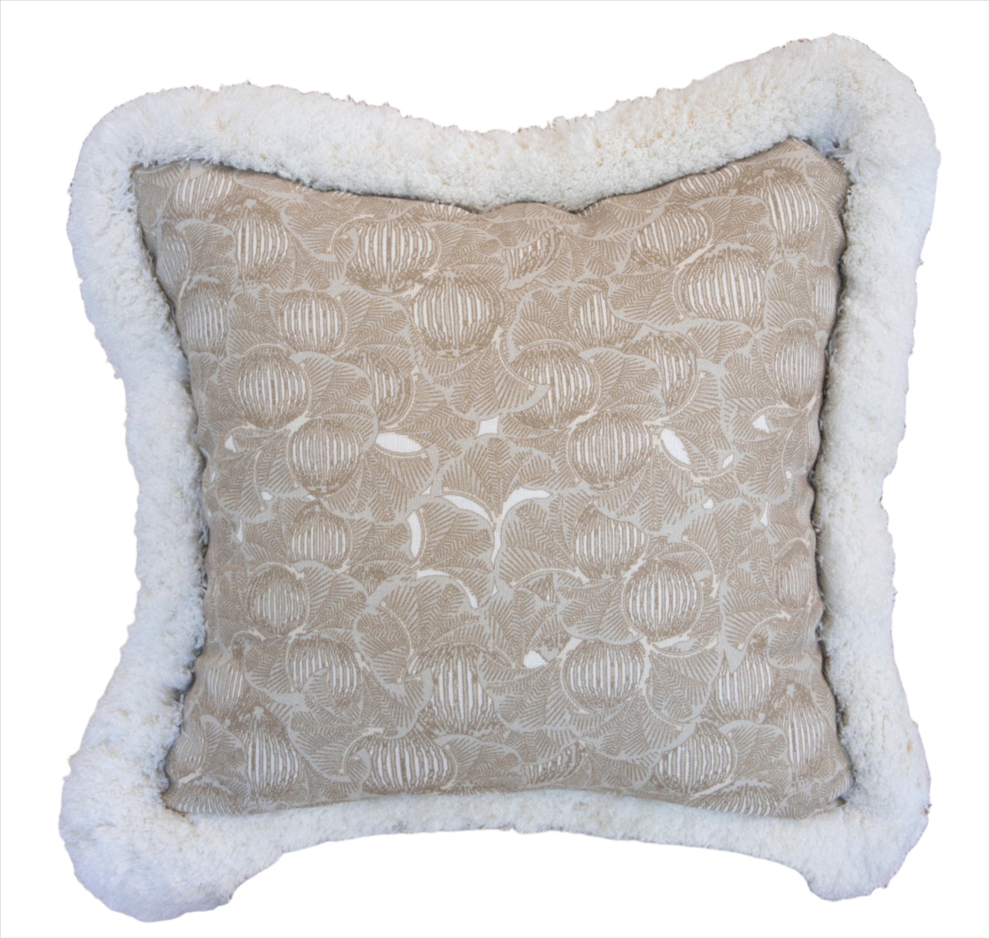 A Foliage Mushroom Pillow with a floral pattern and white fluffy edges, crafted with special attention to detail using the finest materials.