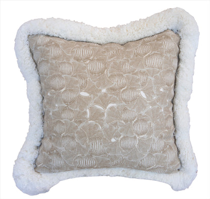 A Foliage Mushroom Pillow with a floral pattern and white fluffy edges, crafted with special attention to detail using the finest materials.