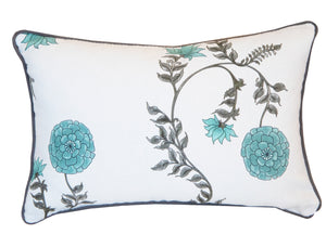 A Poppy Stripe Aqua Lumbar Pillow with a white background, featuring a floral design of blue flowers and leaves in shades of green and gray, crafted from the finest materials with meticulous attention to detail.