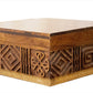 A square Oti Brown Box Collection made of mango wood, featuring intricate geometric carved patterns on its sides and a smooth, flat lid.