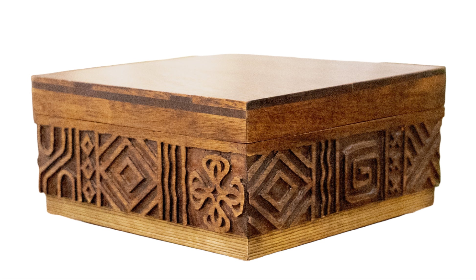 A square Oti Brown Box Collection made of mango wood, featuring intricate geometric carved patterns on its sides and a smooth, flat lid.