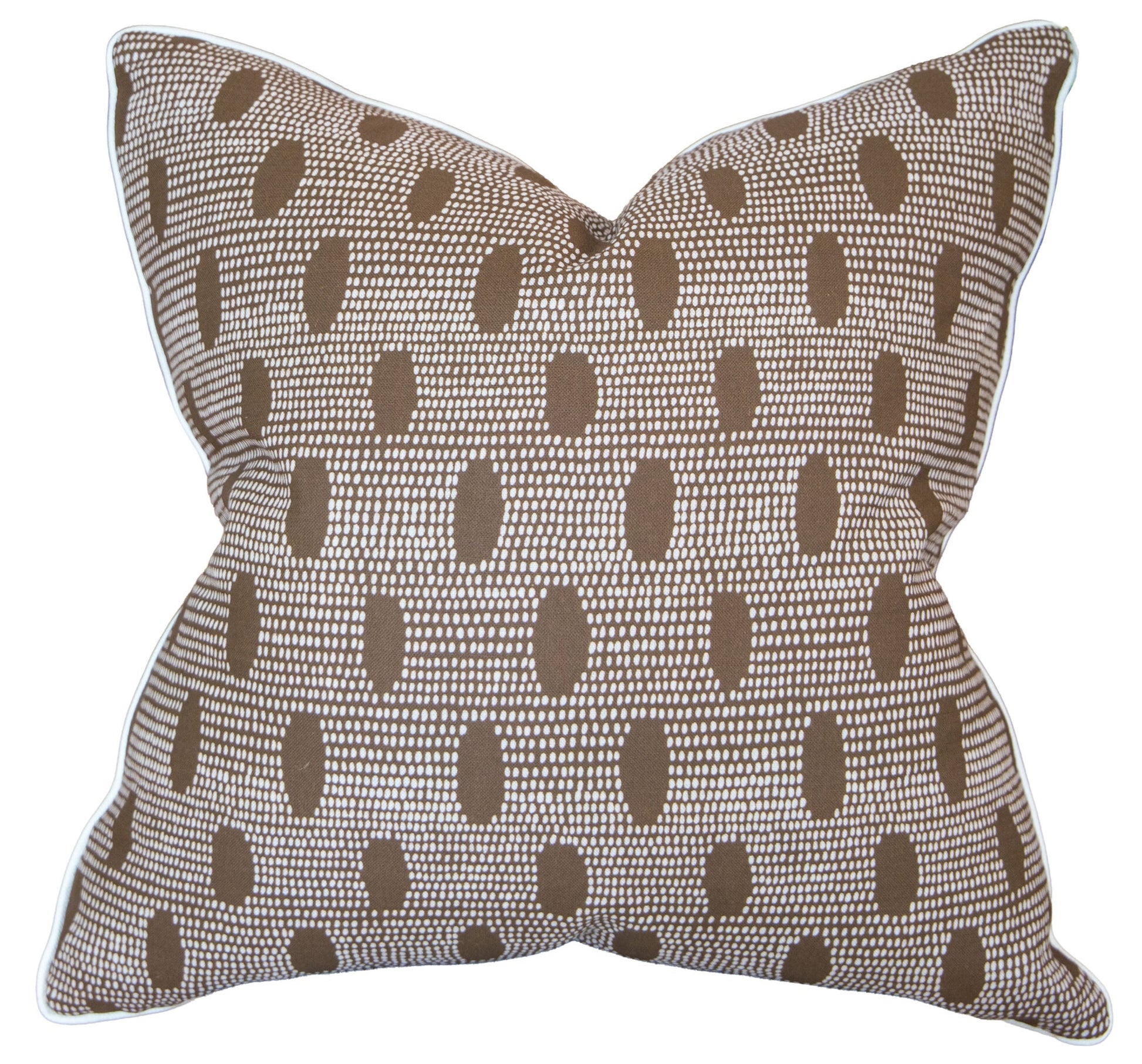 The Abacus Walnut Reverse Pillow features a brown and white geometric dot pattern, slightly pointed corners, and a textured fabric finish—meticulously crafted for a stylish accent to any space.