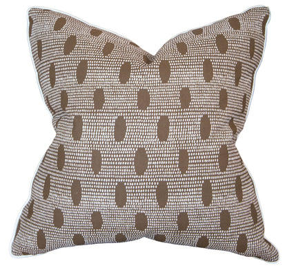 The Abacus Walnut Reverse Pillow features a brown and white geometric dot pattern, slightly pointed corners, and a textured fabric finish—meticulously crafted for a stylish accent to any space.