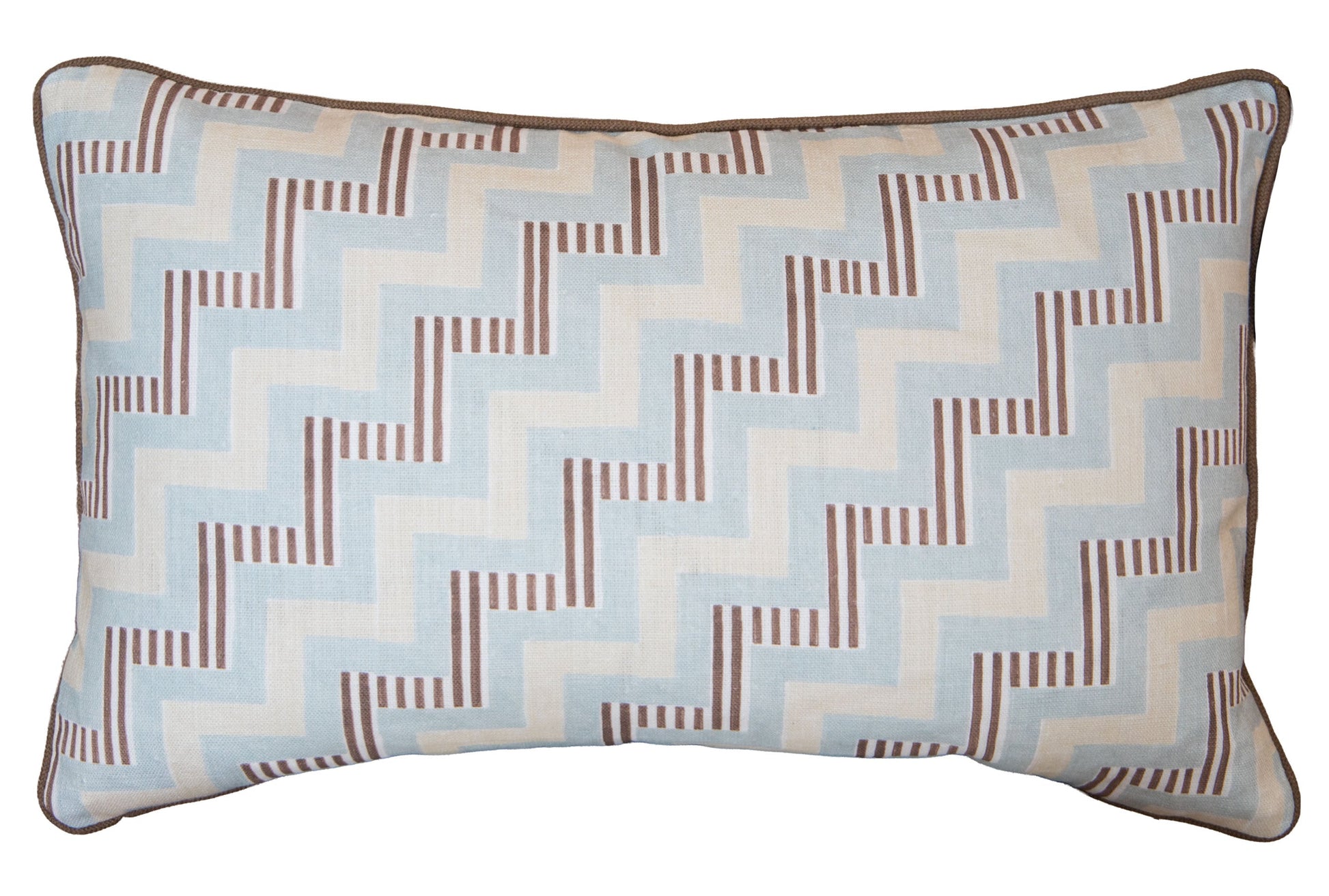 The Ziggy Sky Lumbar Pillow features a geometric zigzag pattern in light blue, cream, and brown with dark edge piping, crafted from premium materials—ideal for adding stylish custom-made flair to your space.