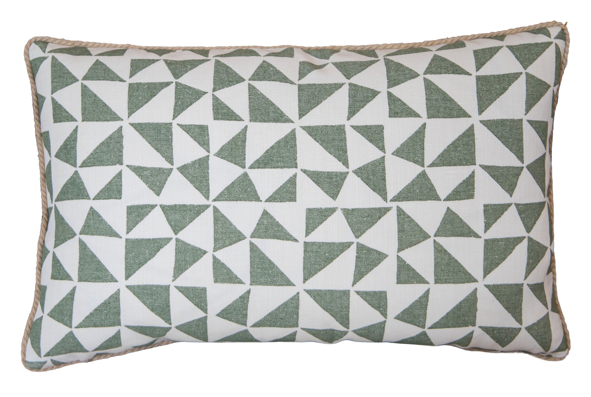 The Circus Lumbar Pillow is a custom-made rectangular pillow featuring a green and white geometric triangle pattern and finished with beige piping around the edges.