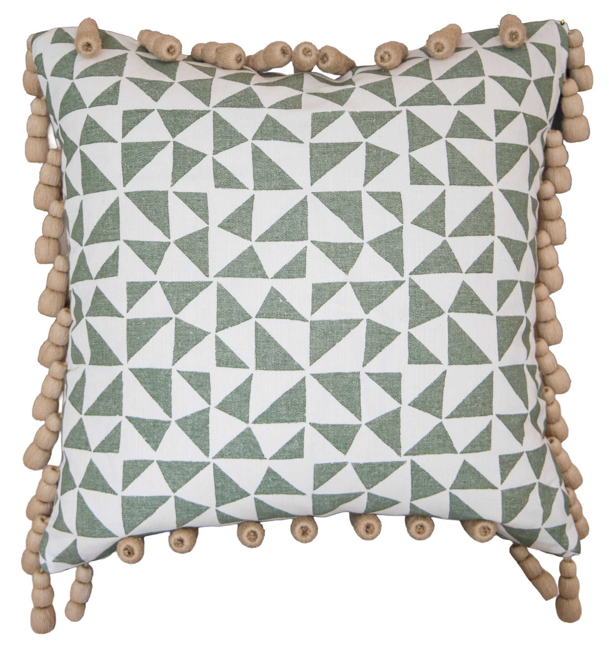 The Circus Pillow is a custom-made square cushion featuring a green and white geometric triangle pattern and beige wooden beads along the edges, crafted from premium materials for lasting style and durability.