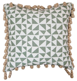 The Circus Pillow is a custom-made square cushion featuring a green and white geometric triangle pattern and beige wooden beads along the edges, crafted from premium materials for lasting style and durability.
