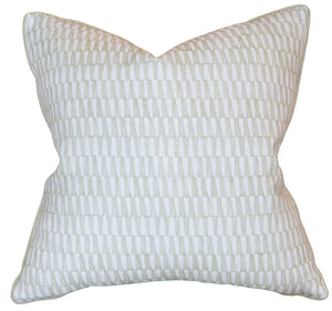 The Tane Light Dusk Pillow is a custom-made, square throw pillow featuring a geometric repeating pattern in light beige and white, crafted from premium materials and shown against a plain white background.