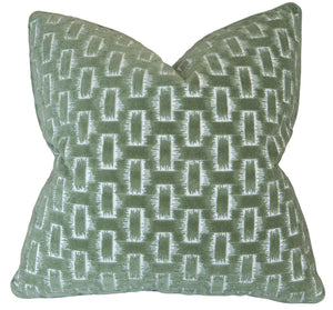 The Chambord Velvet Leaf Pillow is a square decorative pillow with a green and white geometric pattern of repeating rectangles on textured fabric, custom-made from premium materials for a stylish addition to your pillow collection.