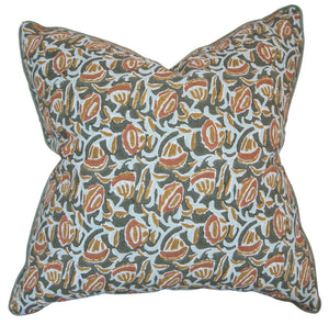 The Marbella Eucalypt Pillow is a square decorative pillow, custom-made from premium materials, showcasing a multicolored abstract floral pattern in green, orange, and white on a crisp white background.