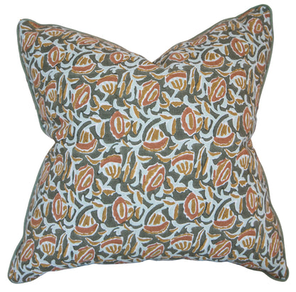 The Marbella Eucalypt Pillow is a square decorative pillow, custom-made from premium materials, showcasing a multicolored abstract floral pattern in green, orange, and white on a crisp white background.