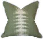 Ikat Olive Pillow: Square green pillow crafted from premium materials, showcasing a white abstract vertical stripe in the center and finished with elegant white piping along the edges.