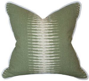 Ikat Olive Pillow: Square green pillow crafted from premium materials, showcasing a white abstract vertical stripe in the center and finished with elegant white piping along the edges.