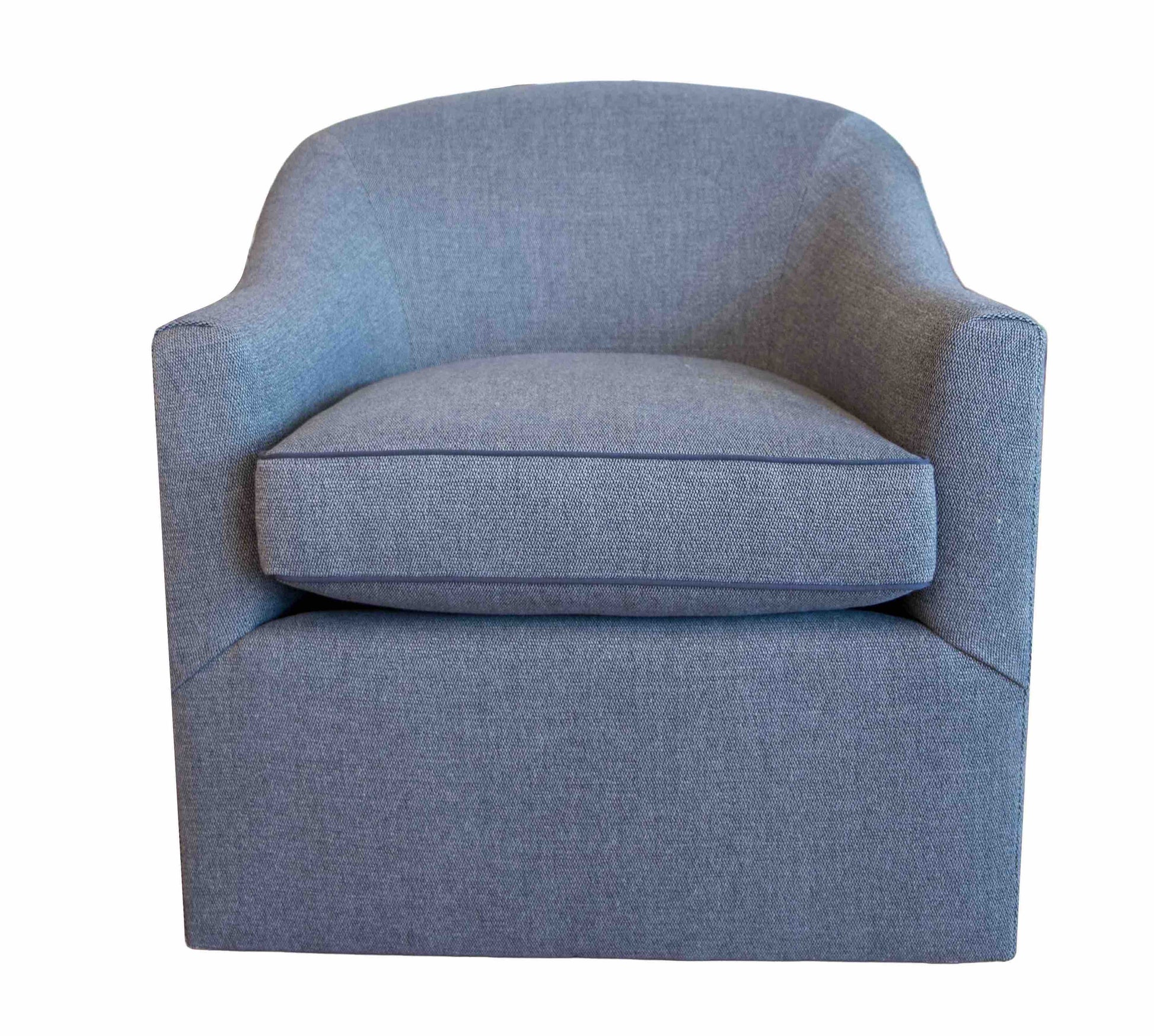 The Sloan Swivel Chair features a cushioned gray swivel seat and a curved back, shown from the front.
