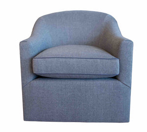The Sloan Swivel Chair features a cushioned gray swivel seat and a curved back, shown from the front.