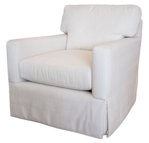 The Blair Swivel Chair features white upholstery, plush cushioned seating, a contemporary square back, and a tailored skirt that elegantly covers its legs.