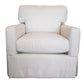 The Blair Swivel Chair is shown from the front, featuring light beige upholstery, plush cushioned seating, a contemporary square back and arms, and a tailored skirt at the base.