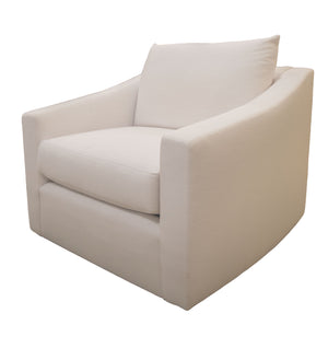 Experience luxurious comfort with the Duke Swivel Chair, a modern armchair in white upholstery featuring a boxy silhouette, thick seat cushion, slightly curved arms, and a convenient swivel base.