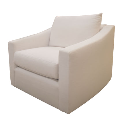 Experience luxurious comfort with the Duke Swivel Chair, a modern armchair in white upholstery featuring a boxy silhouette, thick seat cushion, slightly curved arms, and a convenient swivel base.