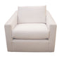 A front view of the Duke Swivel Chair, a modern swivel armchair featuring white upholstery, a square silhouette, and an upholstered cushion for added comfort.