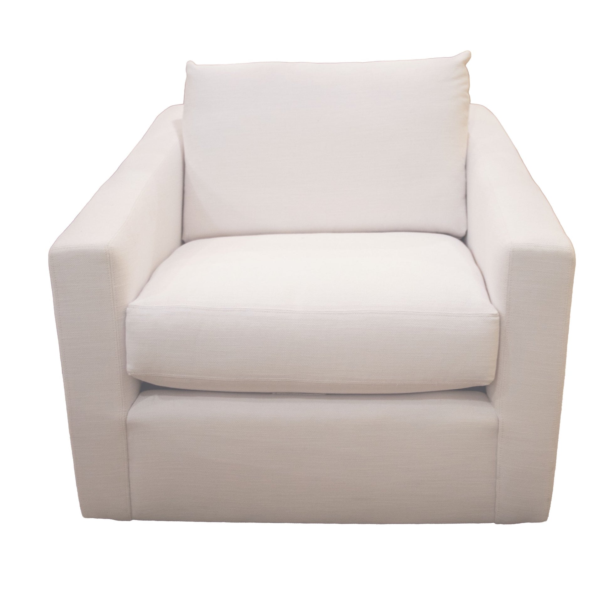 A front view of the Duke Swivel Chair, a modern swivel armchair featuring white upholstery, a square silhouette, and an upholstered cushion for added comfort.