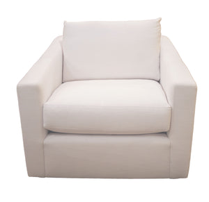 A front view of the Duke Swivel Chair, a modern swivel armchair featuring white upholstery, a square silhouette, and an upholstered cushion for added comfort.