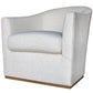The Barrel Swivel Chair features a curved backrest, custom white upholstery, and a wooden base, bringing modern comfort and style to any living area.