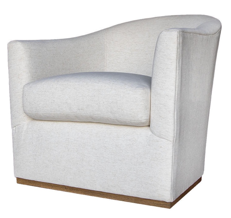 The Barrel Swivel Chair features a curved backrest, custom white upholstery, and a wooden base, bringing modern comfort and style to any living area.