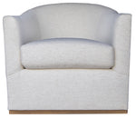 Front view of the Barrel Swivel Chair with custom white upholstery, a rounded back, and a sturdy wooden base.