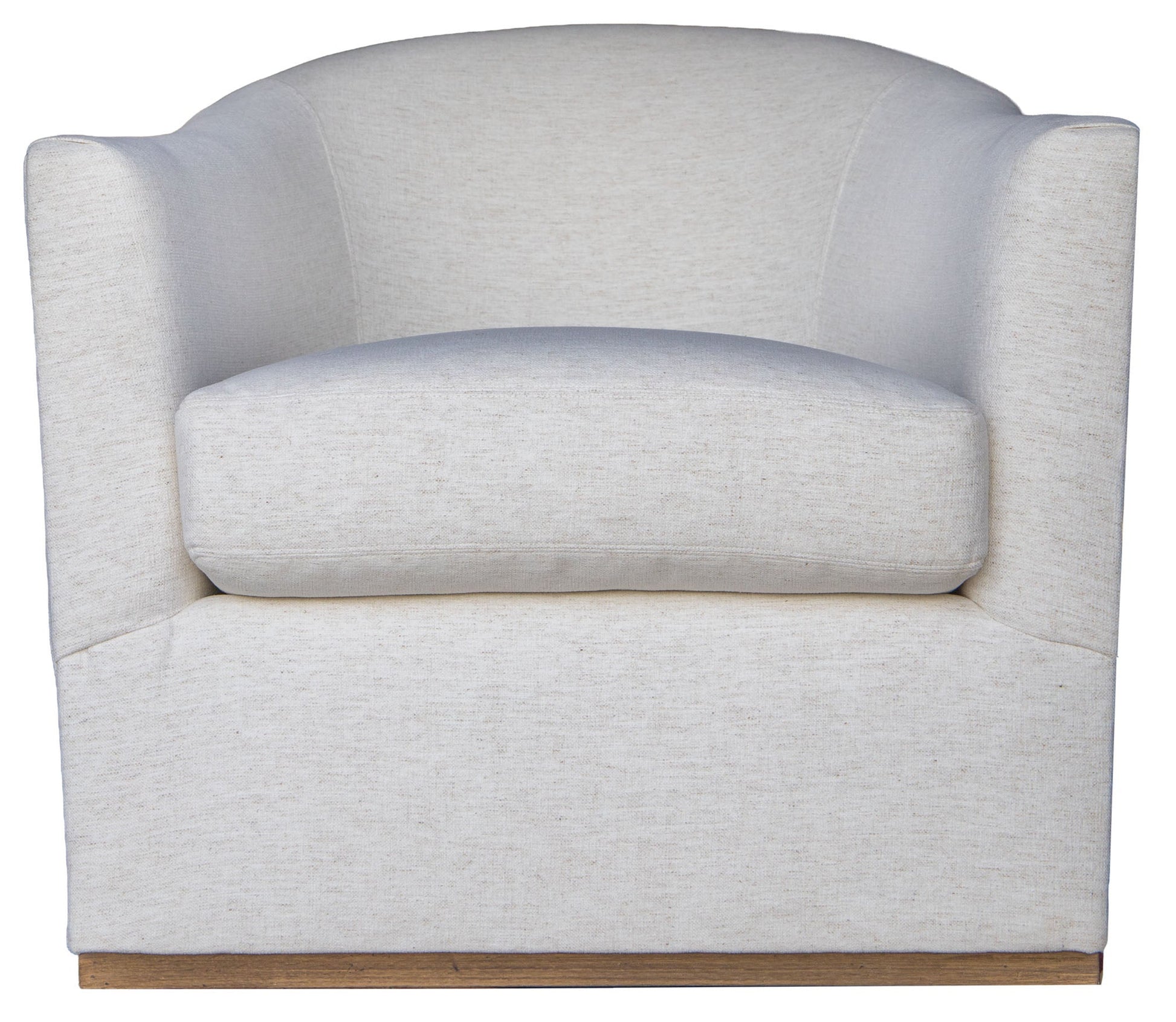 Front view of the Barrel Swivel Chair with custom white upholstery, a rounded back, and a sturdy wooden base.