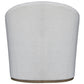 Back view of the Barrel Swivel Chair with a rounded back and custom white upholstery, set on a wooden base against a white background.