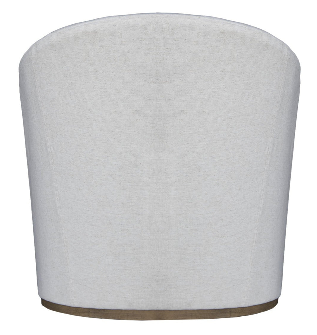 Back view of the Barrel Swivel Chair with a rounded back and custom white upholstery, set on a wooden base against a white background.