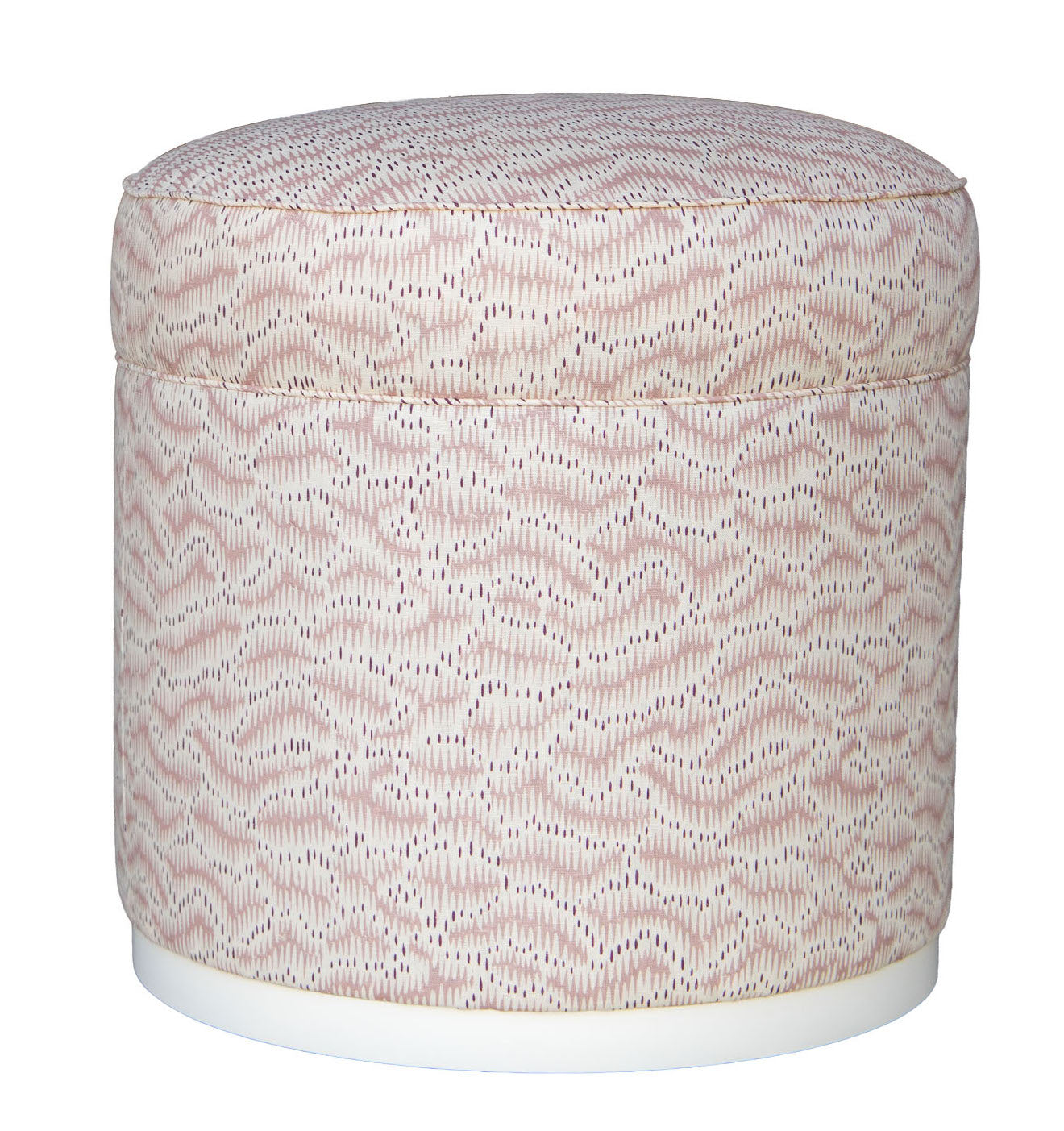 The Grant Swivel Ottoman features a round cushioned top with a Daphne Feathers Rose pattern and a white base, offering stylish comfort for elegant living spaces. Displayed on a plain white background.