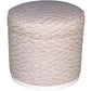 The Grant Swivel Ottoman features a round upholstered design with pink and white patterned fabric and a white base, making it a charming addition to any elegant living space.