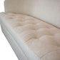 Close-up of the Aldo Sofa, showcasing its beige upholstery with tufted seat cushions and a straight backrest. This timeless design brings sophistication, elegantly highlighted against a white background.