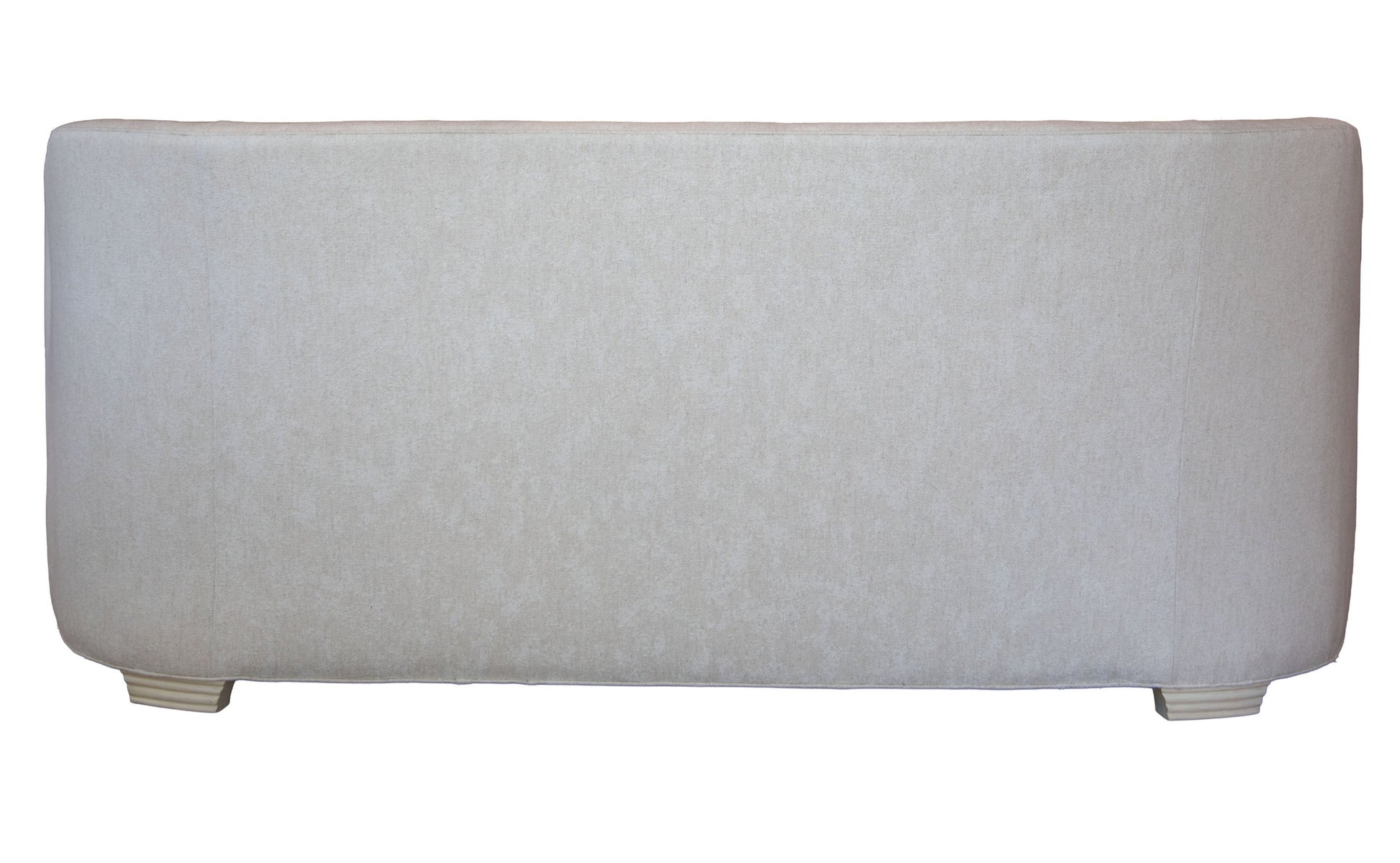 The Aldo Sofa is shown from the back in light gray upholstery with simple fabric and short wooden legs, set against a white background for a sophisticated look.