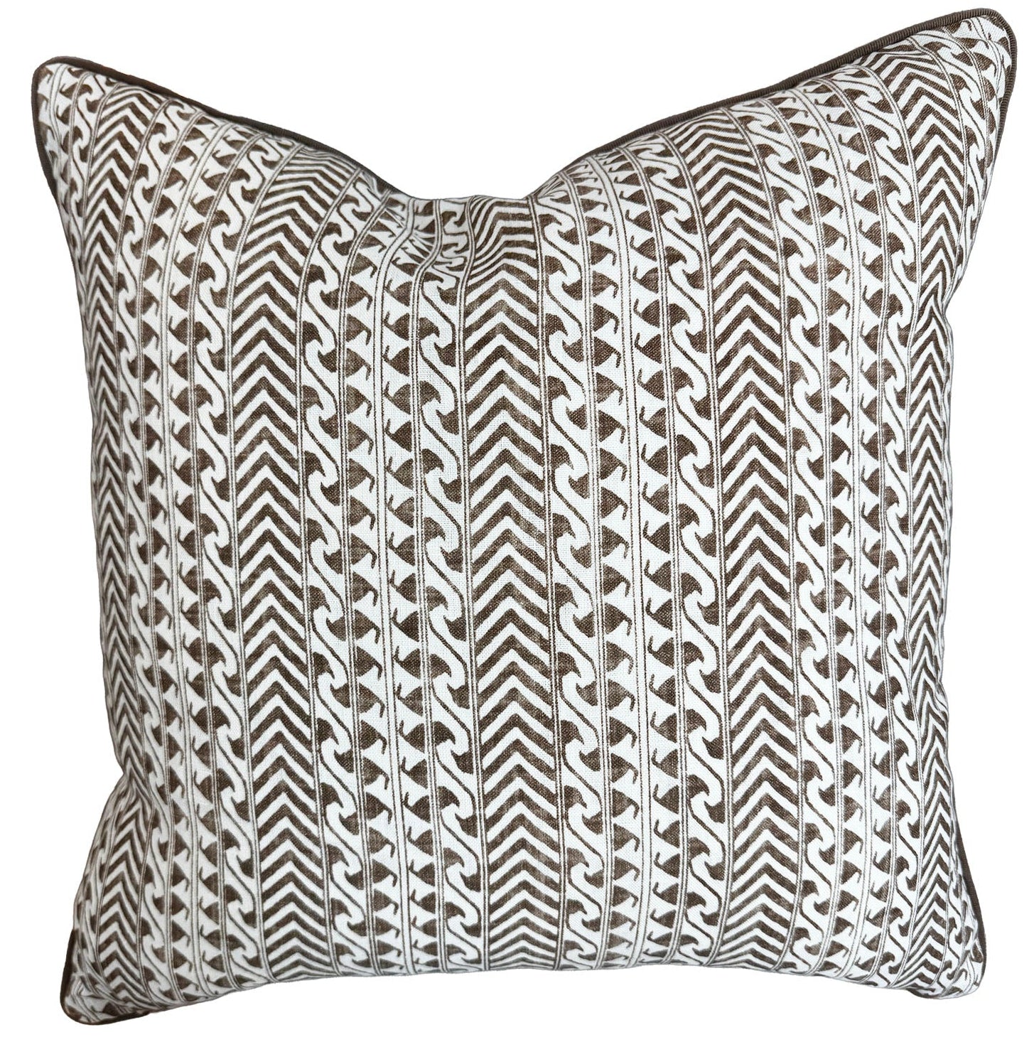 The Luxor Coco Oyster Pillow is a custom-made square decorative pillow with a brown and white geometric chevron and wavy line pattern, crafted from the finest materials.