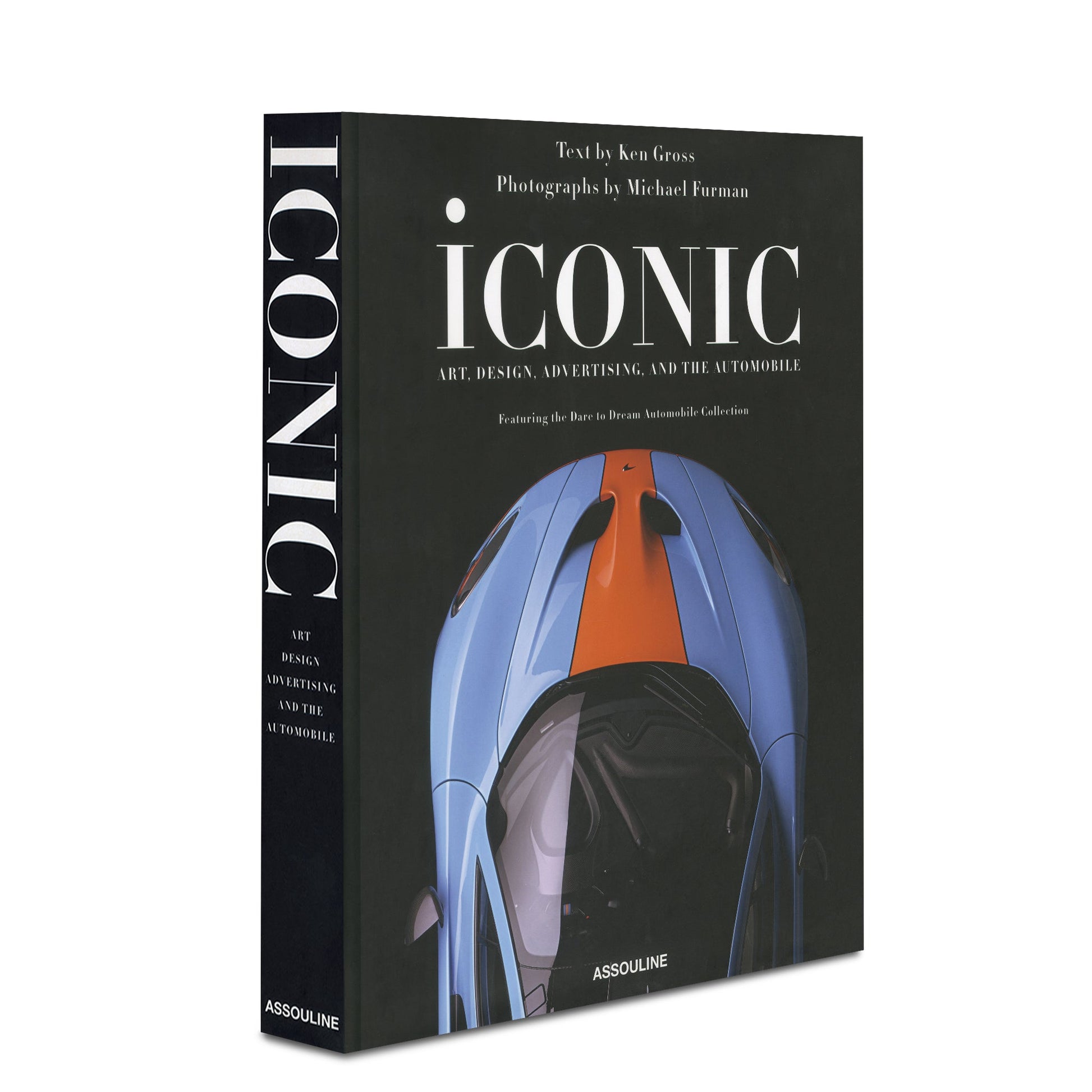 Book cover titled *Iconic: Art, Design, Advertising, and the Automobile* featuring a close-up photograph of an iconic car's roof and hood. Text by Ken Gross, photographs by Michael Furman.