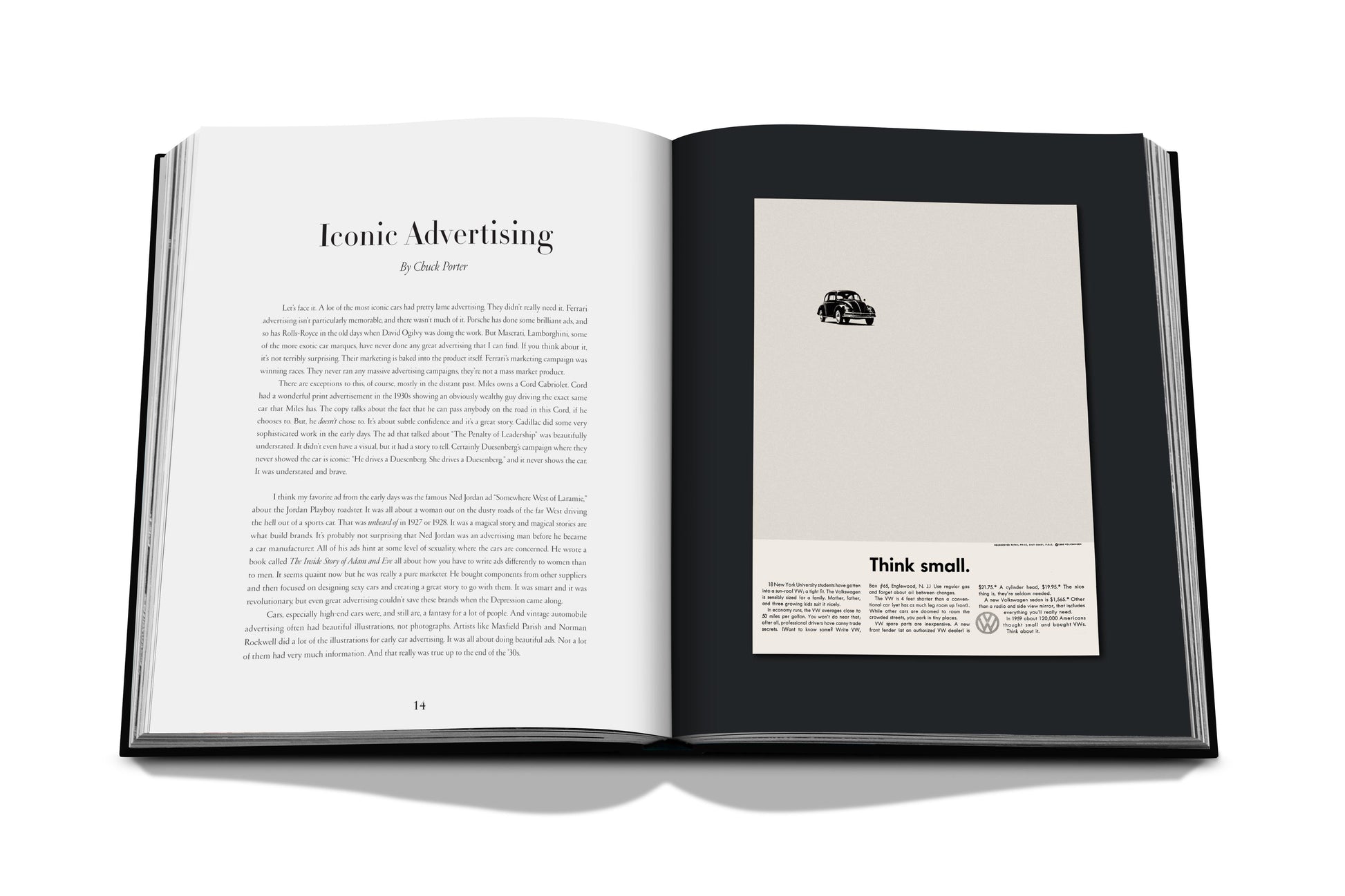 An open book displaying a chapter titled "Iconic Advertising" on the left page and a black-and-white "Think small." vintage car advertisement on the right page, showcasing one of the most iconic cars in Iconic: Art, Design, Advertising, and the Automobile history.