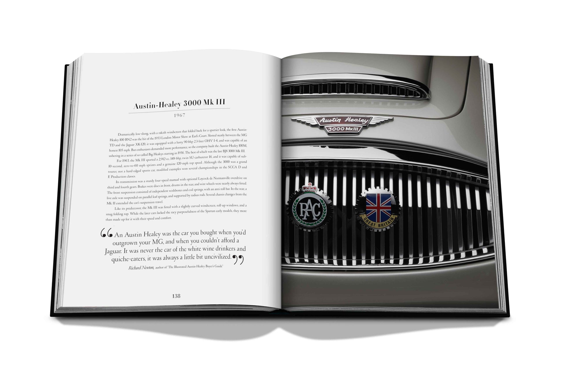 An open book displaying a photograph of an Austin-Healey 3000 MK III grill with badges and text detailing the iconic car. The book's right page features a close-up of the classic automobile's front grill, capturing its timeless appeal often highlighted in vintage advertising. This is "Iconic: Art, Design, Advertising, and the Automobile".