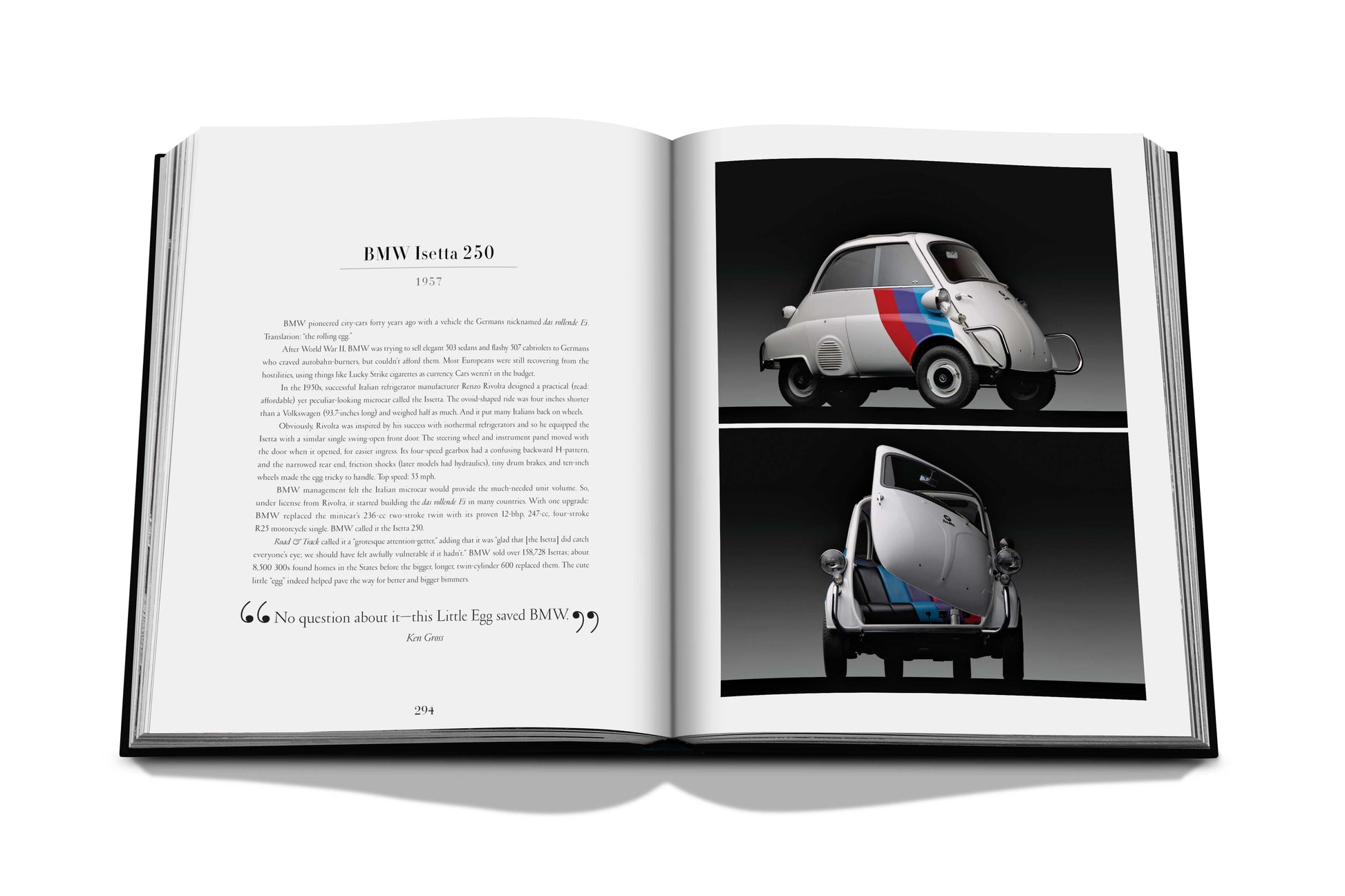 An open book displaying a page about Iconic: Art, Design, Advertising, and the Automobile, one of the most iconic cars in automobile history. The left page has a detailed text description, and the right page features two images of the car, showcasing different angles.