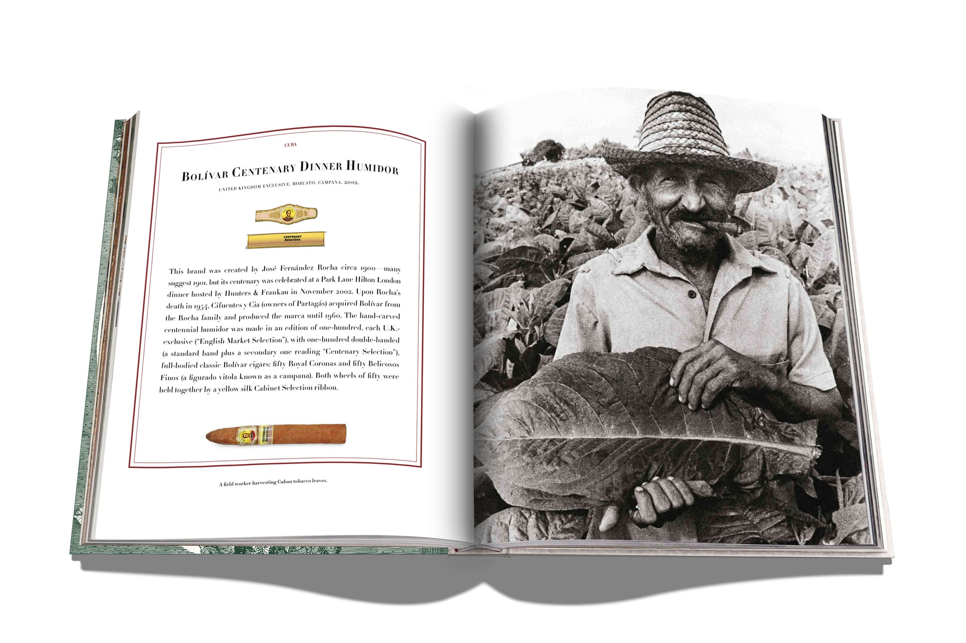 Open book featuring a black-and-white photo of a man in a straw hat holding a large leaf on the right page and a description of The Impossible Collection of Cigars on the left page, highlighting the art of hand-rolled cigar packaging.