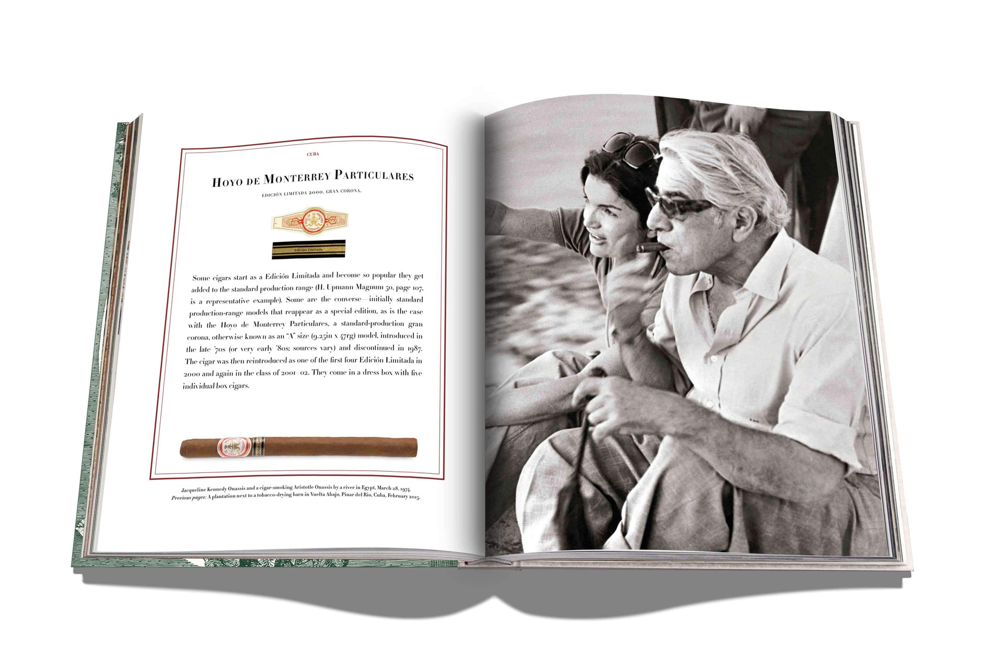 An open book showcasing a black-and-white photo of a man and woman seated outdoors on the right page, and on the left page, a color image and description of a hand-rolled cigar from The Impossible Collection of Cigars.