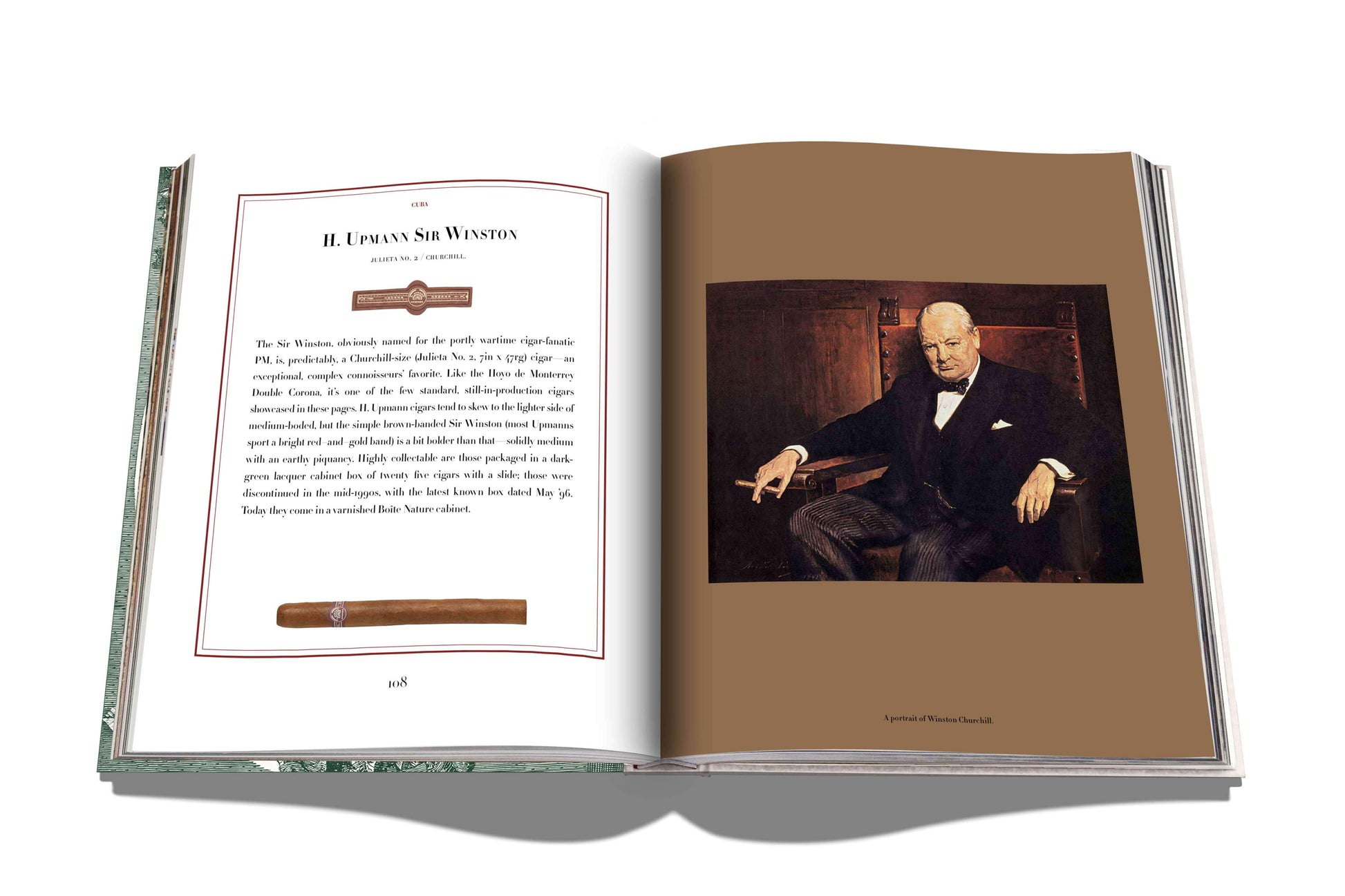 An open book reveals a page about The Impossible Collection of Cigars, showcasing text and a hand-rolled cigar image on the left, with a portrait of a man seated in an armchair on the right. This exquisite entry is part of the Ultimate Collection, celebrating The Impossible Collection of Cigars.