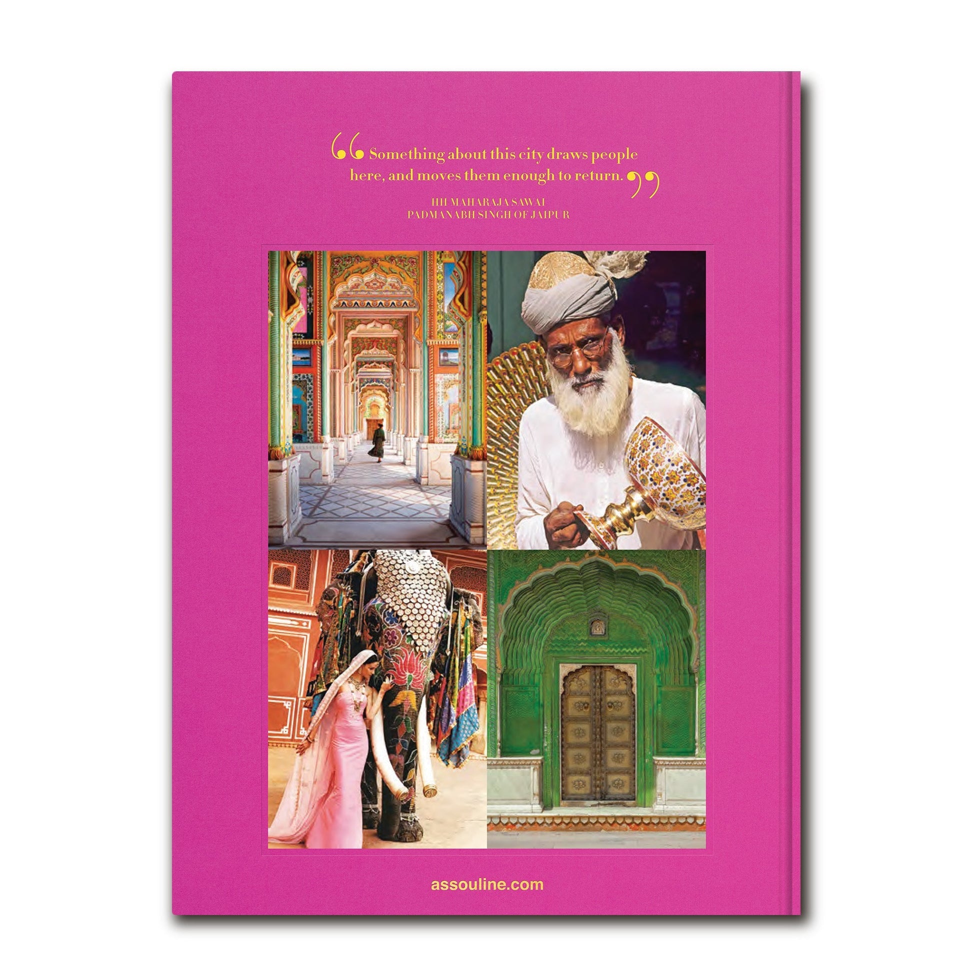 Jaipur Splendor featuring various vibrant photos: a man in traditional attire, a person painting, ornate architecture reminiscent of City Palace, an elephant statue, and a decorative door from Jaipur, with a quote printed at the top.