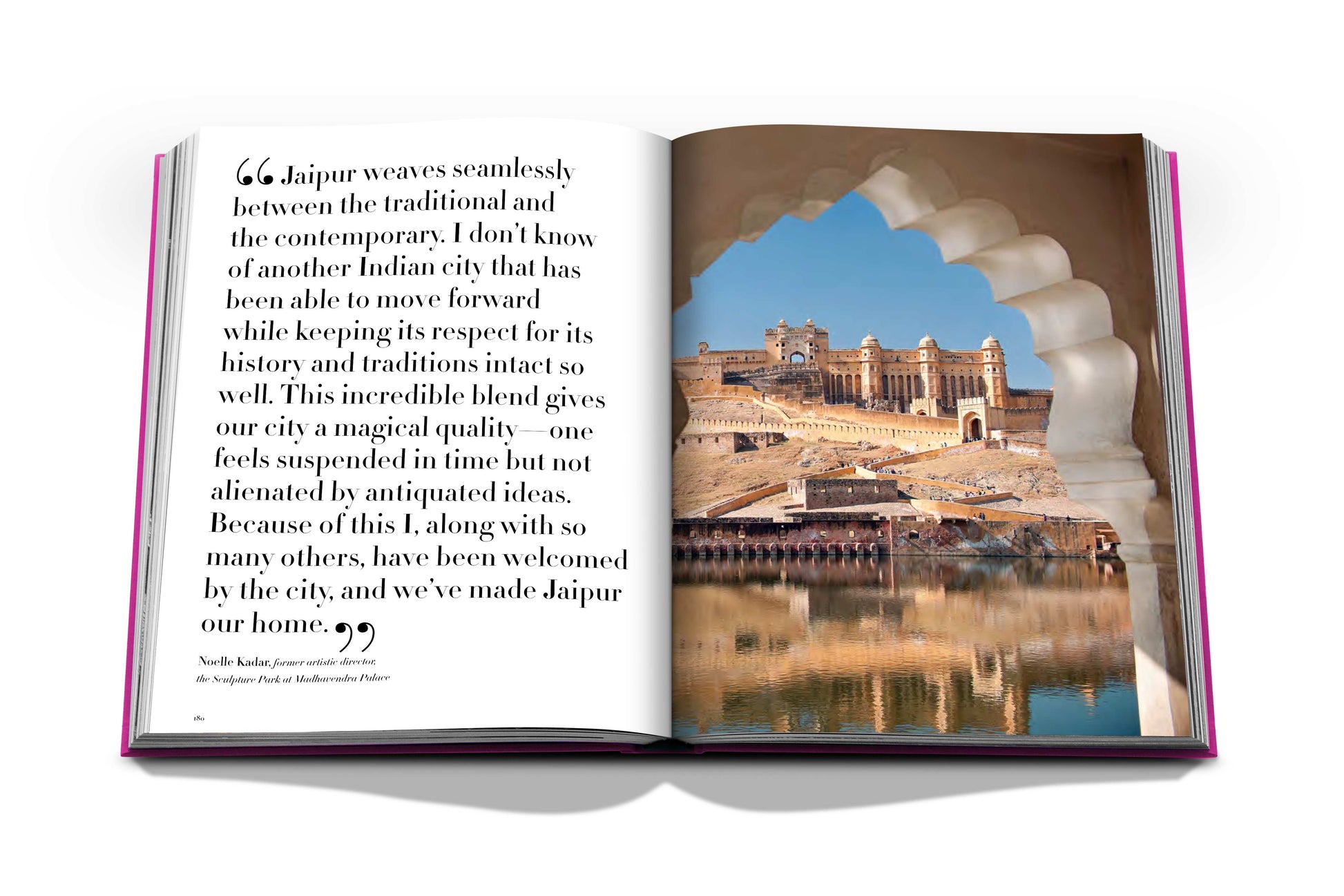 Open book with text on the left page and an image of Amber Fort, Jaipur on the right. The quote praises Jaipur's blend of traditional and contemporary culture, highlighting landmarks like City Palace that embody this harmony. The product name for this display is "Jaipur Splendor".